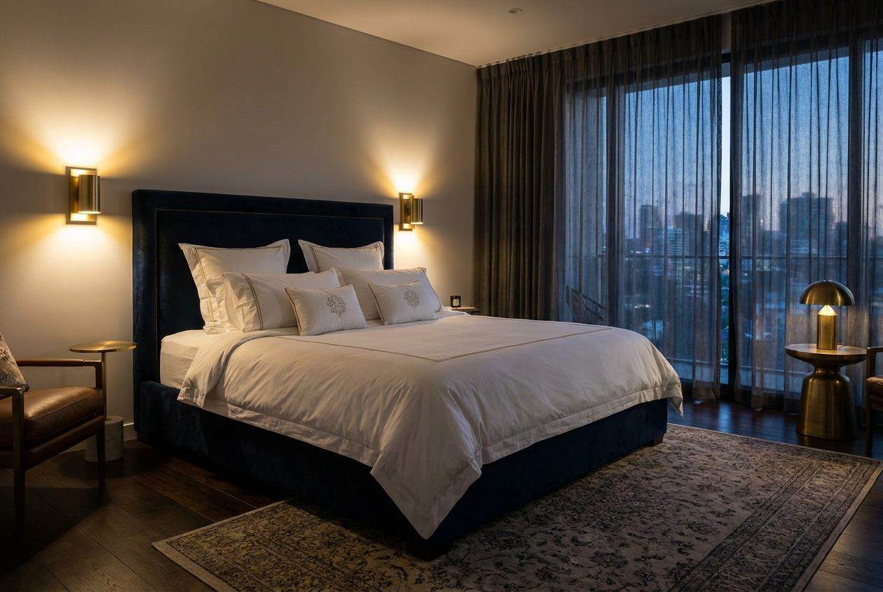 King bedroom with hotel linen in a Harp residence