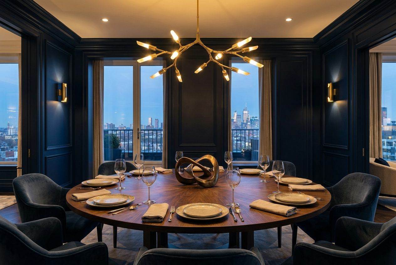 Dining room of a Harp residence — brass pendants over a round timber table
