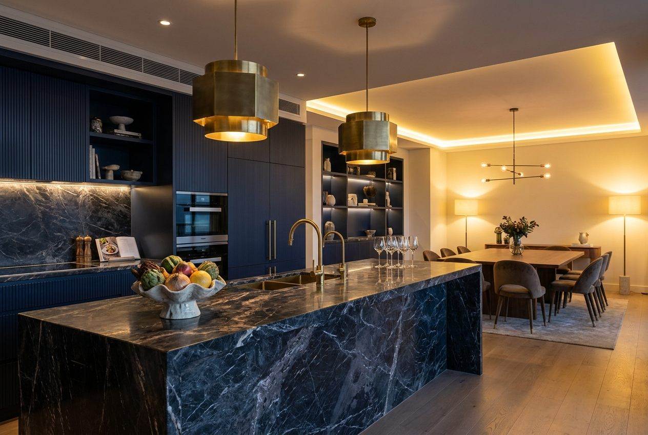 Stone and brass kitchen in a Harp residence