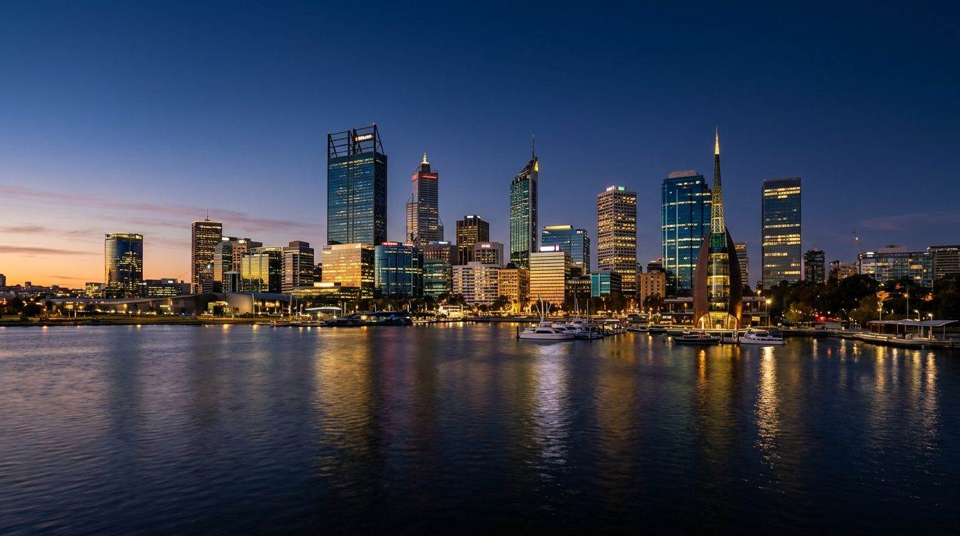 Perth city skyline across the Swan River at dusk