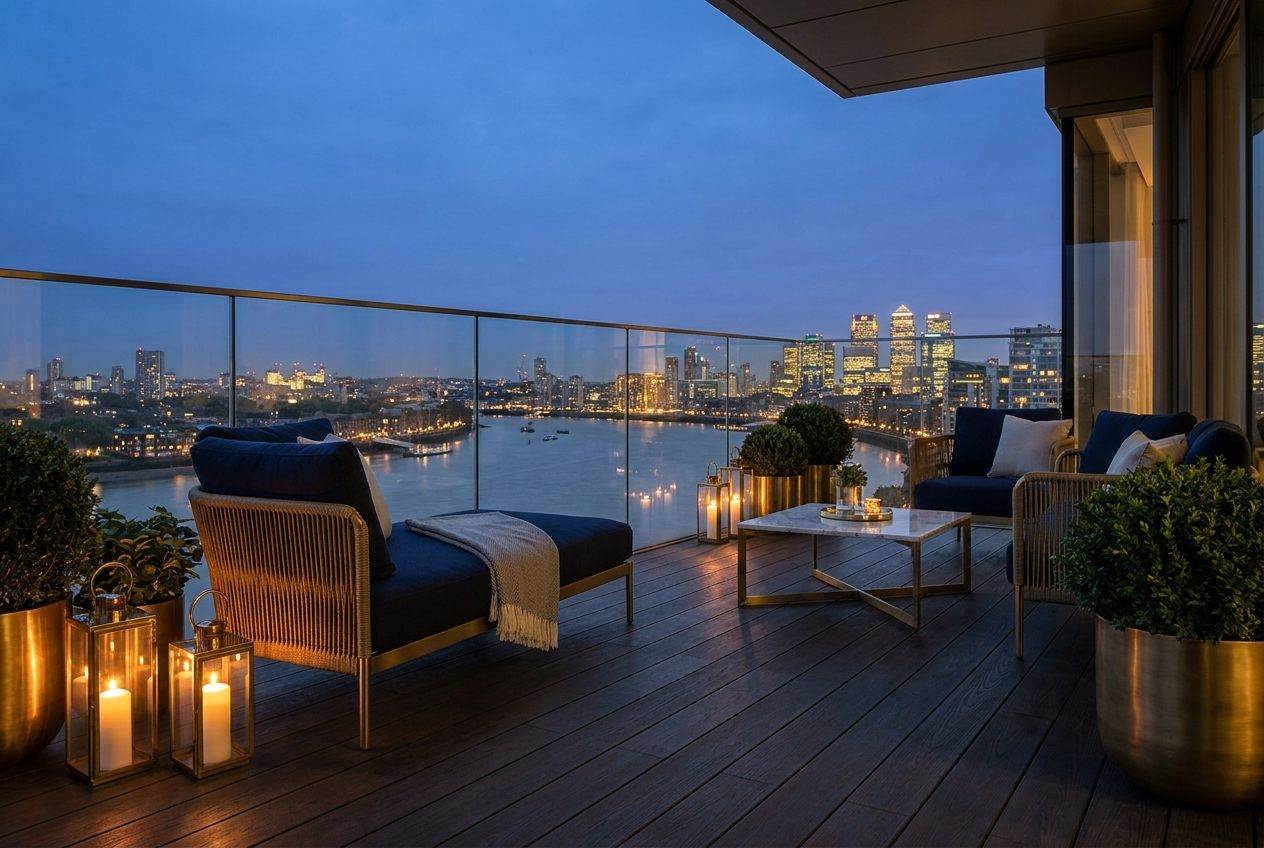 Harp residence terrace overlooking the river at dusk